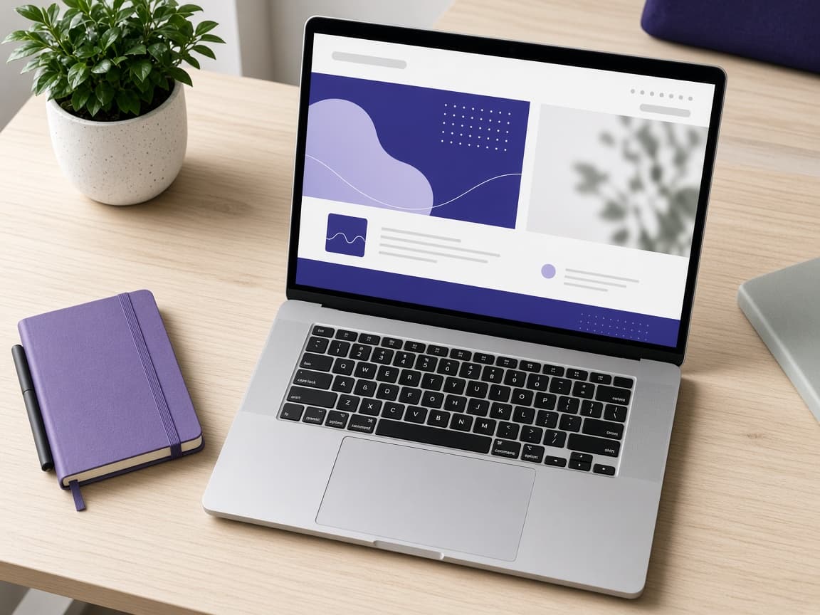 Laptop on a desk showing a website layout