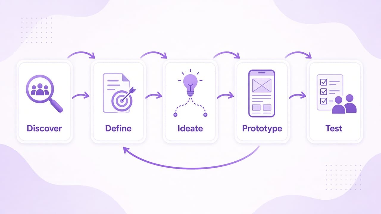 Five-stage UX design thinking loop: Discover, Define, Ideate, Prototype, and Test